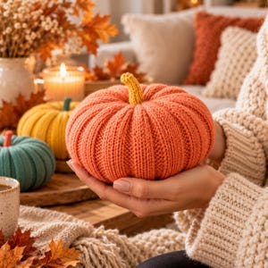 May include: A round, ribbed, orange knit pumpkin with a yellow stem. The pumpkin is held in place, showcasing its soft, textured yarn construction. The design features vertical ridges that mimic the natural shape of a pumpkin, creating a tactile surface.