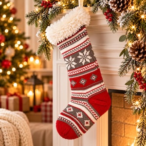Könnte beinhalten: Ein Weihnachtsstrumpf mit einem Strickmuster in Rot, Weiß und Grau, verziert mit Schneeflocken- und geometrischen Motiven. Der Strumpf hat einen dicken, weißen, strukturierten Kunstfellbesatz am oberen Rand sowie eine rote Ferse und Spitze.