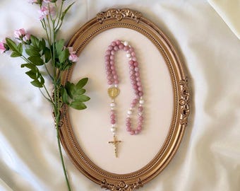 Our Lady's Heart Rosary | Pink Opal, White Jade Gemstone Beads | Miraculous Medal, Gold Crucifix