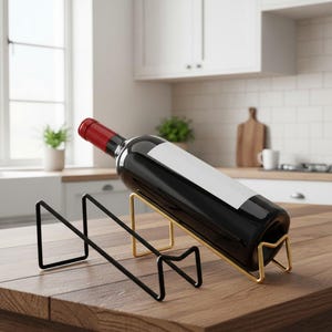 Botellero metálico moderno: soporte para 2 botellas de vino de encimera, organizador de vino minimalista para mesa, ideal para la decoración de la cocina y el bar del hogar.