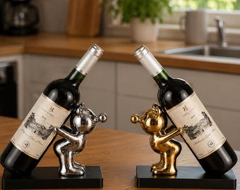 Wijnfleshouder beer, schattig decor wijnrek, moderne wijnflesstandaard, decor thuisbar, gouden keramische wijnhouder cadeau