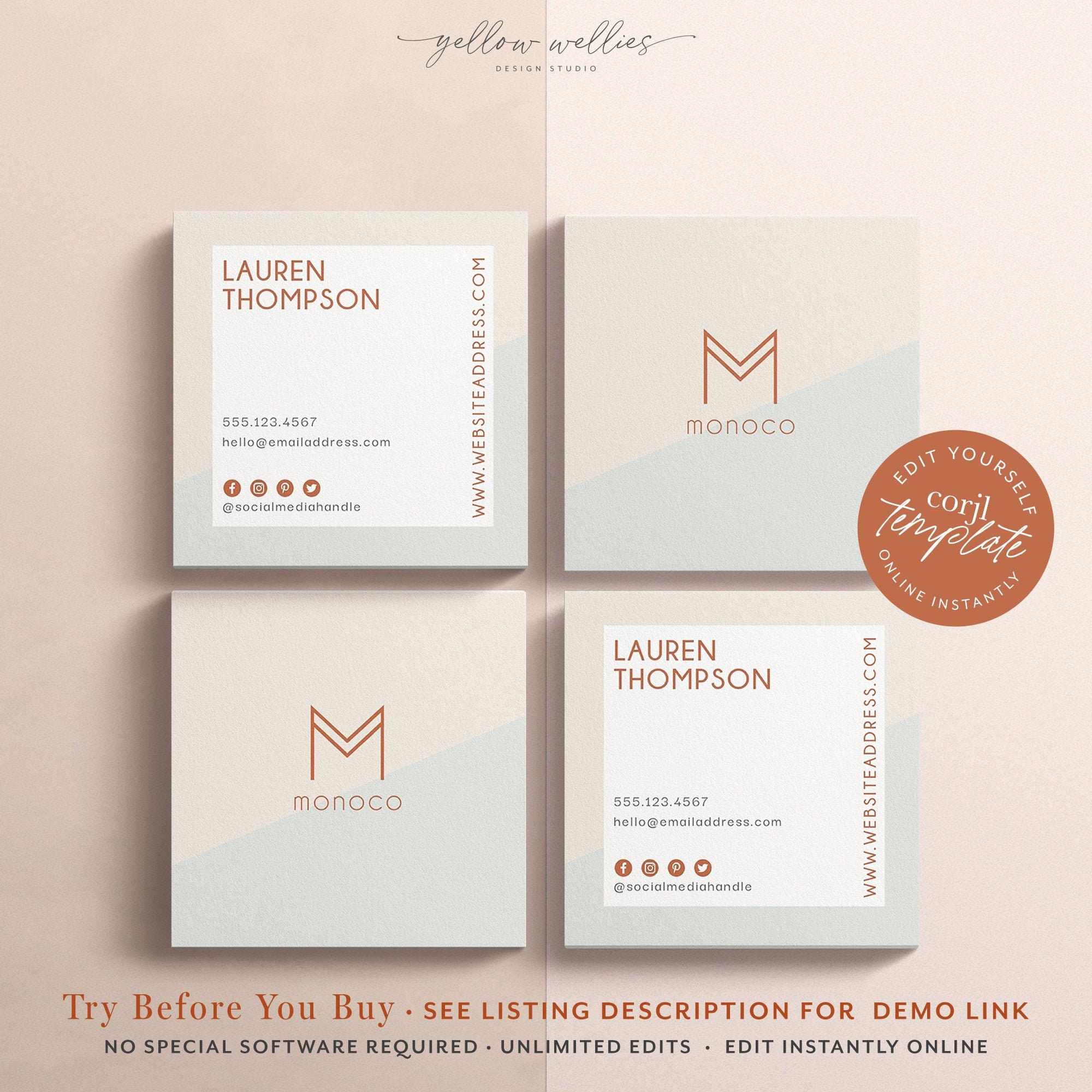 Corjl Editable Square Business Card Template Modern Minimal Etsy