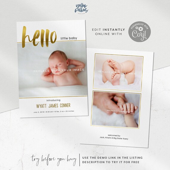 editable gold hello birth announcement template corjl template instant download 5x7 birth announcement gold rosegold silver baby card baby birth announcements online