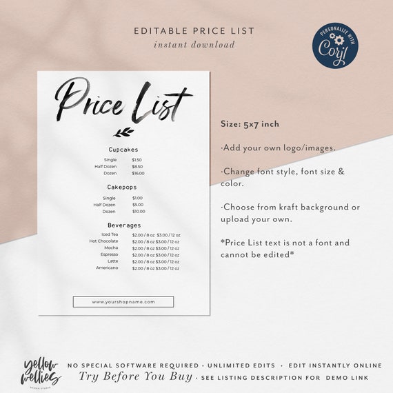 CORJL Editable 5x7 Price List Kraft Calligraphy Script Price ...