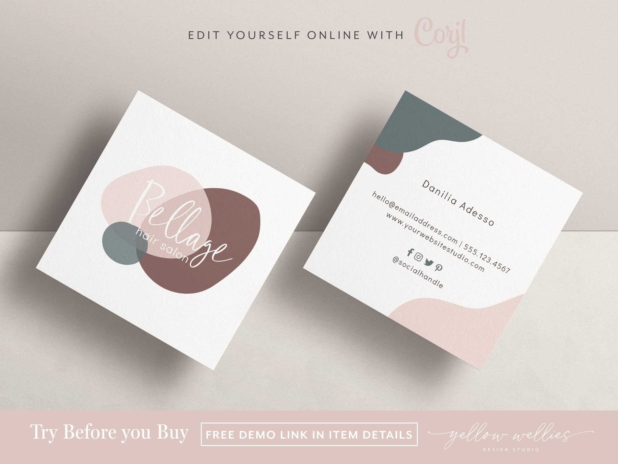 Corjl Editable Square Business Card Template Diy Printable Etsy