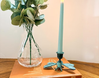 Vintage Dragonfly Taper Candle Holder | Brass Patina, Nature Inspired Decor