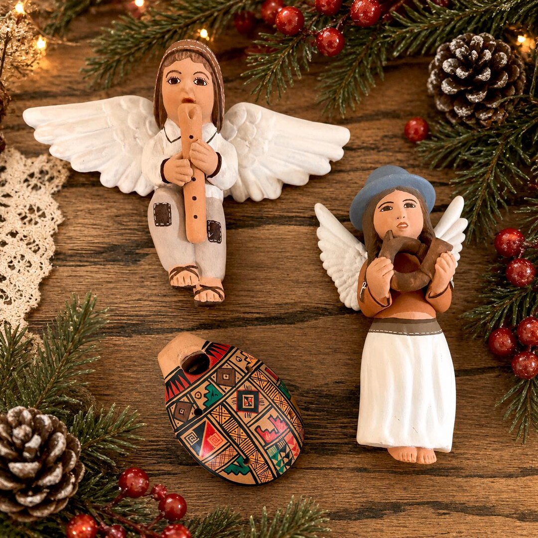 Peruvian Terracotta Angel Musicians Ocarina Whistle Ornament Set