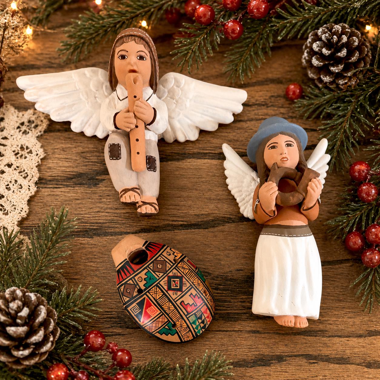 Peruvian Terracotta Angel Musicians Ocarina Whistle Ornament Set