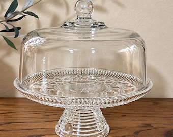 Vintage Federal Glass Windsor Button & Cane Cake Stand, 11" Pressed Glass Pedestal (with Dome)
