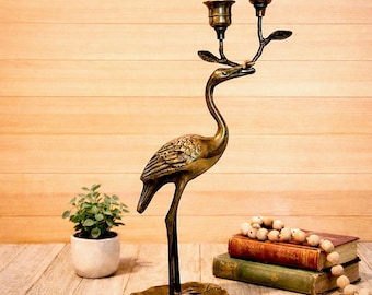 Vintage Brass Crane Double Candlestick – Hollywood Regency Heron Decor (13 Inch)