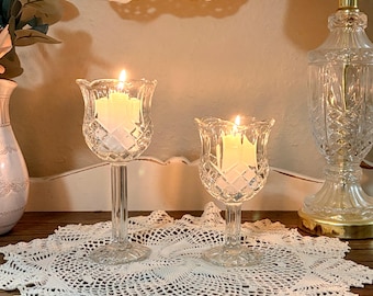 Vintage Homco Tulip Candle Holders Set of 2 | Pressed Glass Votive Holders | Cottagecore Decor | Romantic Candlelight | Glass Candlesticks