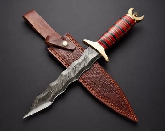 Handmade Damascus Steel Dagger Knife – Wavy Blade Fantasy Knife with Red & Gold Handle, Gift for Him.