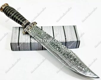 Handmade Damascus Steel Bowie Knife | Custom Forged Steel Blade with sheath | Gift for him