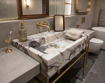 Lavabo de mármol para baño: Piedra veteada Calacatta Viola - Montaje en pared o tocador