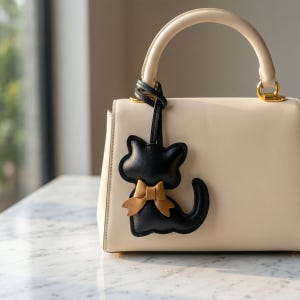 Könnte beinhalten: Cremefarbene Handtasche mit einem schwarzen Katzenanhänger. Der Anhänger hat eine beige Schleife und ist am Griff der Tasche befestigt. Die Tasche hat einen gebogenen Griff und goldfarbene Beschläge.