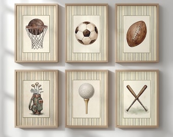 May include: Six framed watercolor prints featuring sports equipment. The prints include a basketball in a hoop, a soccer ball, a football, a golf bag with clubs, a golf ball on a tee, and crossed baseball bats. Each print has a striped background.