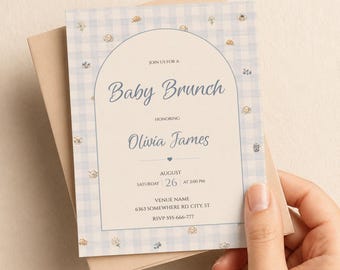 Uitnodiging voor een babybrunch of babyshower voor een jongen, blauw geruit, bewerkbare Canva-sjabloon, uitnodiging voor een babybrunch, babyshower voor een jongen, digitale download