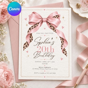 Op de afbeelding: Een rechthoekige verjaardagsuitnodigingskaart met een grote roze strik met luipaardprint. De tekst luidt: You're Invited, Sophia's 20th Birthday, Sunday, April 26th, 2026, 4:00 PM, Bella Terrace, 123 Willow Avenue, Any City, ST 12345, RSVP to Isabella at 555-345-7890.