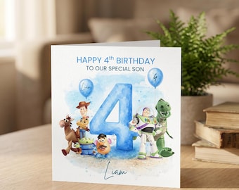Tarjeta de cumpleaños de Toy Story para niños de 4º cumpleaños / Plantilla de tarjeta de cumpleaños personalizada / Tarjeta editable en Canva / Tarjeta de cumpleaños de Buzz y Woody