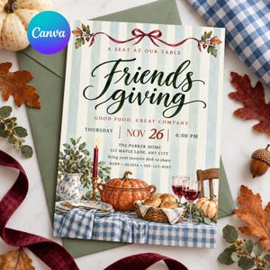 May include: A Friendsgiving invitation card featuring a light blue striped background, a red ribbon illustration, and text reading A SEAT AT OUR TABLE Friendsgiving GOOD FOOD, GREAT COMPANY THURSDAY NOV 26 6:00 PM THE PARKER HOME.