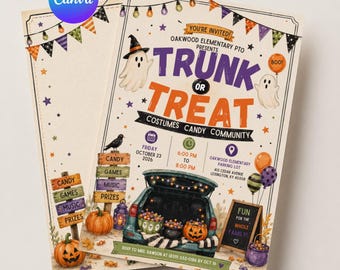 Trunk or treat invitation, school pto halloween flyer, community candy event editable printable canva template, candy drive fundraiser