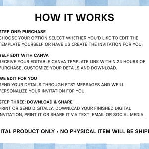 Pu&ograve; includere: Un grafico informativo con un bordo a quadri color acquerello azzurro. Il testo recita: HOW IT WORKS, STEP ONE: PURCHASE, SELF EDIT WITH CANVA, WE EDIT FOR YOU, STEP THREE: DOWNLOAD & SHARE, DIGITAL PRODUCT ONLY &bull; NO PHYSICAL ITEM WILL BE SHIPPED.