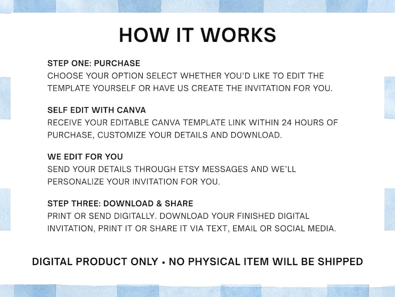 Pu&ograve; includere: Un grafico informativo con un bordo a quadri color acquerello azzurro. Il testo recita: HOW IT WORKS, STEP ONE: PURCHASE, SELF EDIT WITH CANVA, WE EDIT FOR YOU, STEP THREE: DOWNLOAD & SHARE, DIGITAL PRODUCT ONLY &bull; NO PHYSICAL ITEM WILL BE SHIPPED.