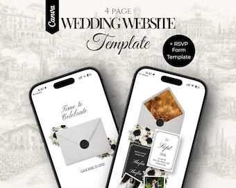 Witte en zwarte bloemen bruiloft websitesjabloon met RSVP en countdown timer bewerkbare oud geld Canva site digitale uitnodiging klassieke bruiloft