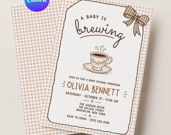Bewerkbare uitnodiging voor een babyshower met het thema 'baby is aan het brouwen', sjabloon voor een babyshower met koffiethema, feest met espressothema, babyshower met het thema 'brouwen', direct te downloaden