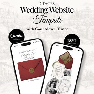 May include: Two smartphones displaying a wedding website template. The top text reads "5 PAGES Wedding Website Template with Countdown Timer." One phone shows a red envelope with a gold seal. The other phone displays wedding details.