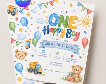 Invitación de primer cumpleaños para niño, invitación de fiesta de acuarela para un niño feliz, un campista feliz, invitación de cumpleaños para niño, plantilla de Canva, instantánea