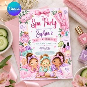 May include: A rectangular spa party invitation for Sophia's 10th birthday featuring pink and purple illustrations of three children in robes, a bathrobe, a sleep mask, nail polish, and cucumbers, with text detailing the event date and location.