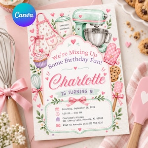 Baking birthday invitation for girl, Cupcake party invite, Girls cooking birthday template, Editable DIY printable, Instant download