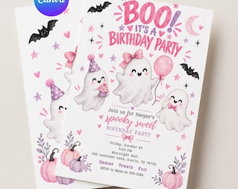 May include: A white birthday party invitation card featuring pink and purple watercolor illustrations of ghosts, bats, stars, hearts, and pumpkins. The text reads: BOO! IT'S A BIRTHDAY PARTY, Join us for Harper's SPOOKY SWEET BIRTHDAY PARTY, Friday, October 25.