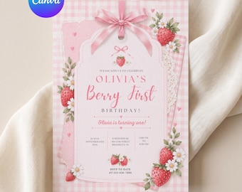 Bewerkbare sjabloon voor een uitnodiging voor de eerste verjaardag met bessenmotief, uitnodiging in de stijl van een aardbeiencadeaulabel, printbare digitale download in roze ruitjespatroon.