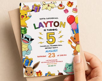 Pokémon verjaardagskaart sjabloon | Gepersonaliseerde Pikachu & Squirtle feestuitnodiging | Bewerkbare Canva Pokémon verjaardagskaart 5x7 digitaal