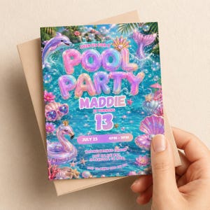 以下が含まれることがあります： プールパーティーをテーマにした長方形の招待状。虹色に輝くピンクとブルーのバルーン風の文字で「POOL PARTY MADDIE IS TURNING 13」と書かれています。イルカ、人魚の尾、フラミンゴの浮き輪、貝殻が描かれています。