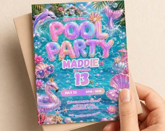 Iriserende uitnodiging voor een zwembadfeestje | Holografische uitnodiging voor een verjaardag met zwembadthema | Uitnodiging voor een meisje dat gaat zwemmen | Bewerkbaar digitaal formaat (5x7 inch)