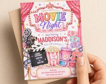 Uitnodiging voor een filmavondje voor een meisje, verjaardagskaart, uitnodiging voor een bioscoopfeestje in aquarel, regenboog Hollywood-feestje, bewerkbaar sjabloon voor een filmkaartje