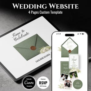 Puede incluir: Una plantilla digital de sitio web de bodas que se muestra en una tableta y un teléfono inteligente. La tableta muestra un diseño de sobre con el texto "Time to Celebrate". El teléfono inteligente muestra detalles y fotos de la boda. Plantilla Canva editable.