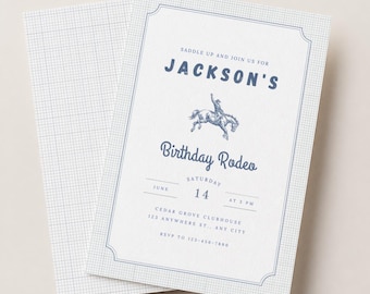 Uitnodiging voor mijn eerste rodeo, cowboy-verjaardagskaart, western-thema verjaardagsfeest, bewerkbare sjabloon, printbaar, direct te downloaden