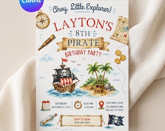 Piratenverjaardagskaart | Ahoy maatje, jongen, 8e verjaardag | Bewerkbare Canva-sjabloon | Uitnodiging voor een schattenjachtfeest | Digitale uitnodiging voor kinderen