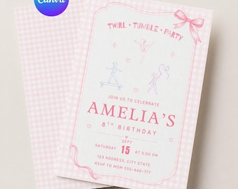 Uitnodiging voor een turnfeestje voor een meisje, uitnodiging voor een turnfeestje, bewerkbare Canva-sjabloon, roze turnfeestje, verjaardagsfeest voor een meisje, printbaar
