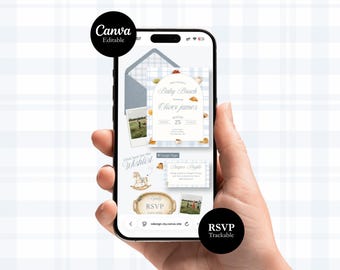 Website voor uitnodigingen voor een babybrunch of babyshower voor een jongen, bewerkbare Canva-sjabloon, digitale babyshoweruitnodiging met traceerbare RSVP, direct te downloaden