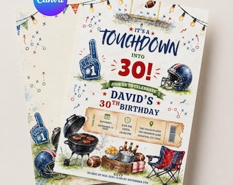 Football 30th birthday invitation, football party tailgate invite, mens 30th birthday template, editable cheers and beers, digital download