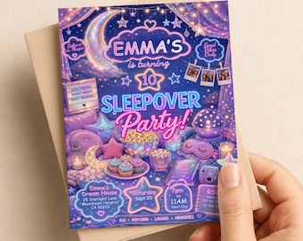 Invitación de cumpleaños para pijamada holográfica para niña, invitación iridiscente para fiesta de pijamas, fiesta de pijamas metálica, plantilla digital editable de 5x7