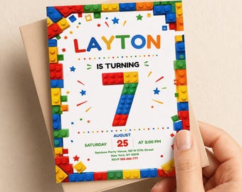 Invito di compleanno a tema blocchi di pixel / Invito per festa a tema mattoni / Modello Canva modificabile / Per tutte le età / Invito di compleanno per bambini a tema mattoncini giocattolo