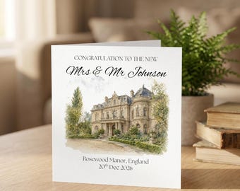 Gepersonaliseerde trouwkaart met schets van de trouwlocatie | Elegant aandenken voor bruid en bruidegroom | Luxe cadeau voor pasgetrouwden | Trouwkaart op maat