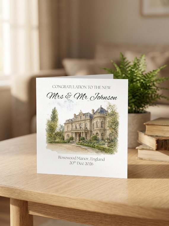 A hand-sketched illustration of the couple's actual wedding venue turned into a keepsake card — a genuinely personal, one-of-a-kind artistic touch no mass retailer can replicate.