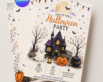 Leuke Halloween-verjaardagskaart, uitnodiging voor een spookfeestje in oktober, bewerkbare sjabloon voor kinderen, printbare griezelige verjaardagskaart, direct te downloaden